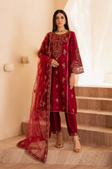 Beet Red 3Pc - Embroidered Solid Dress