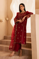 Beet Red 3Pc - Embroidered Solid Dress