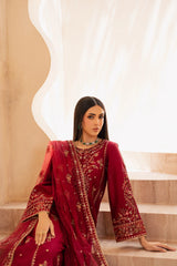 Beet Red 3Pc - Embroidered Solid Dress