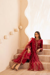 Beet Red 3Pc - Embroidered Solid Dress
