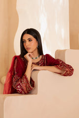 Beet Red 3Pc - Embroidered Solid Dress