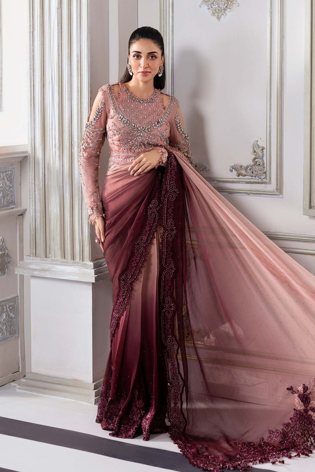 Unstitched Embroidered Chiffon Saree | BD-3001 - Maria b