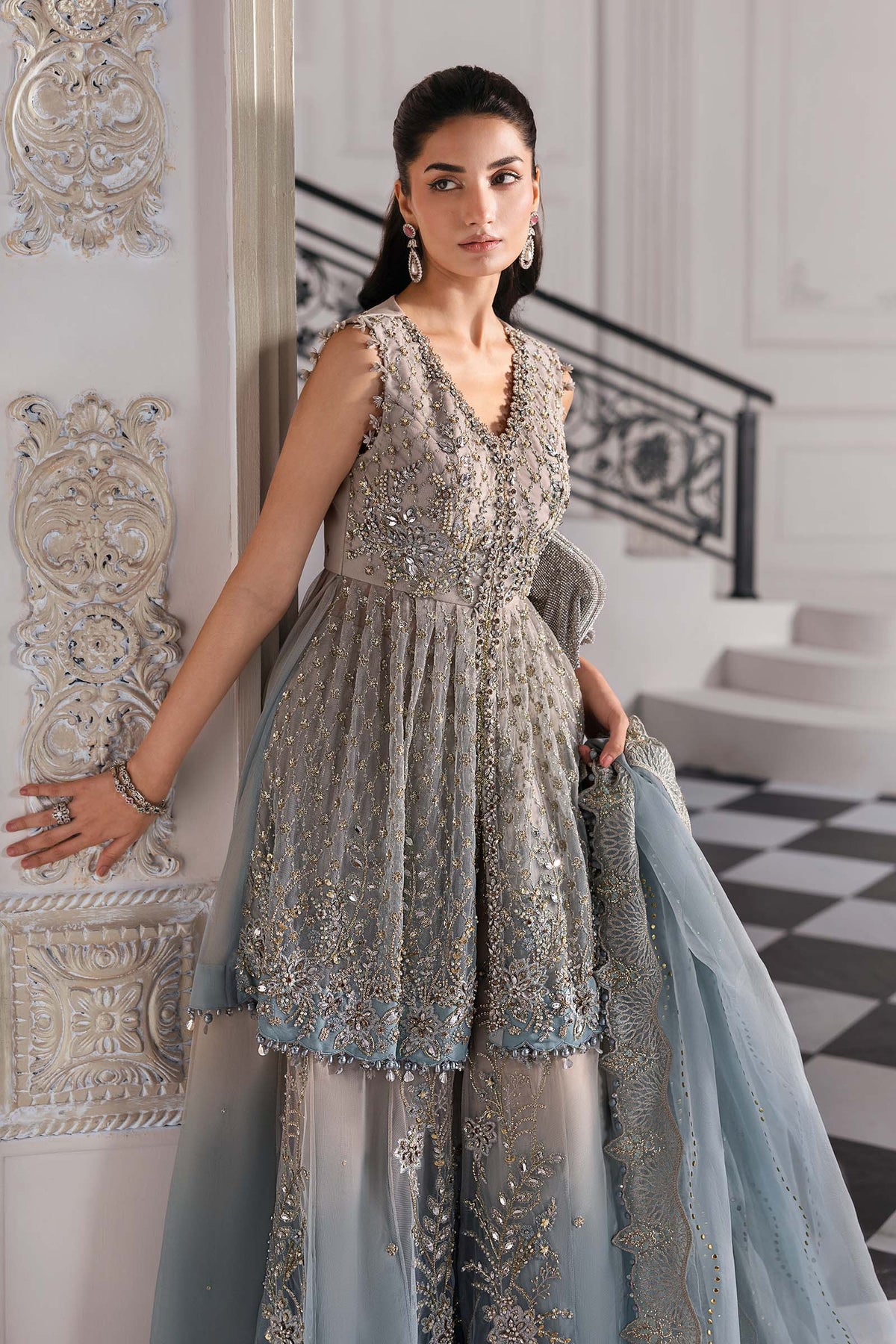 3 Piece Unstitched Embroidered Net Suit | BD-3002 - Maria b